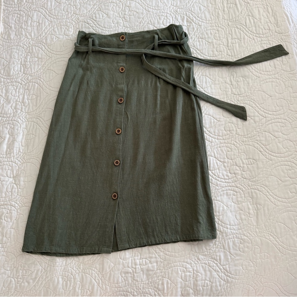High-Rise Button-Front Olive Green Midi Skirt with Waist Tie